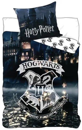 Billede af Harry Potter sengetøj - 140x200 cm - Hogwarts Logo - Selvlysende sengetøj - 2 i 1 sengesæt - 100% bomuld